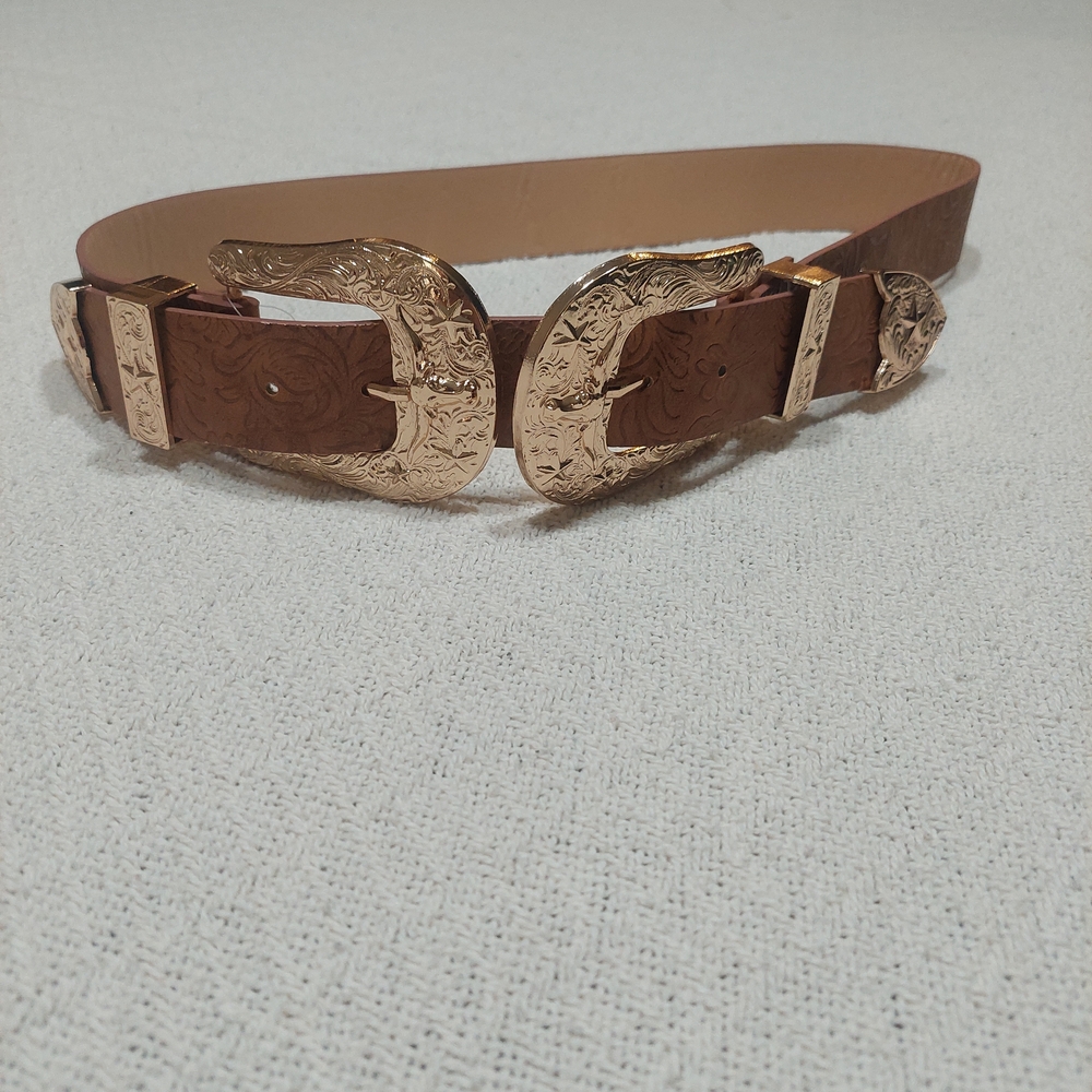 SHEIN Brown Belt with Ornate Gold Buckle